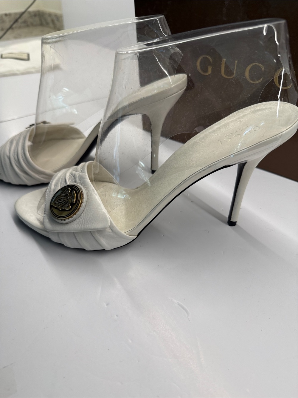 Gucci White Leather Slide Heels with Gold Medallion - Picture 2 of 5
